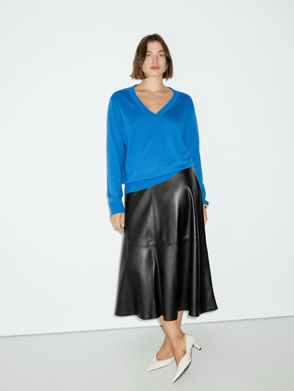 Mango Paris Black Faux Leather Aline Midi Skirt